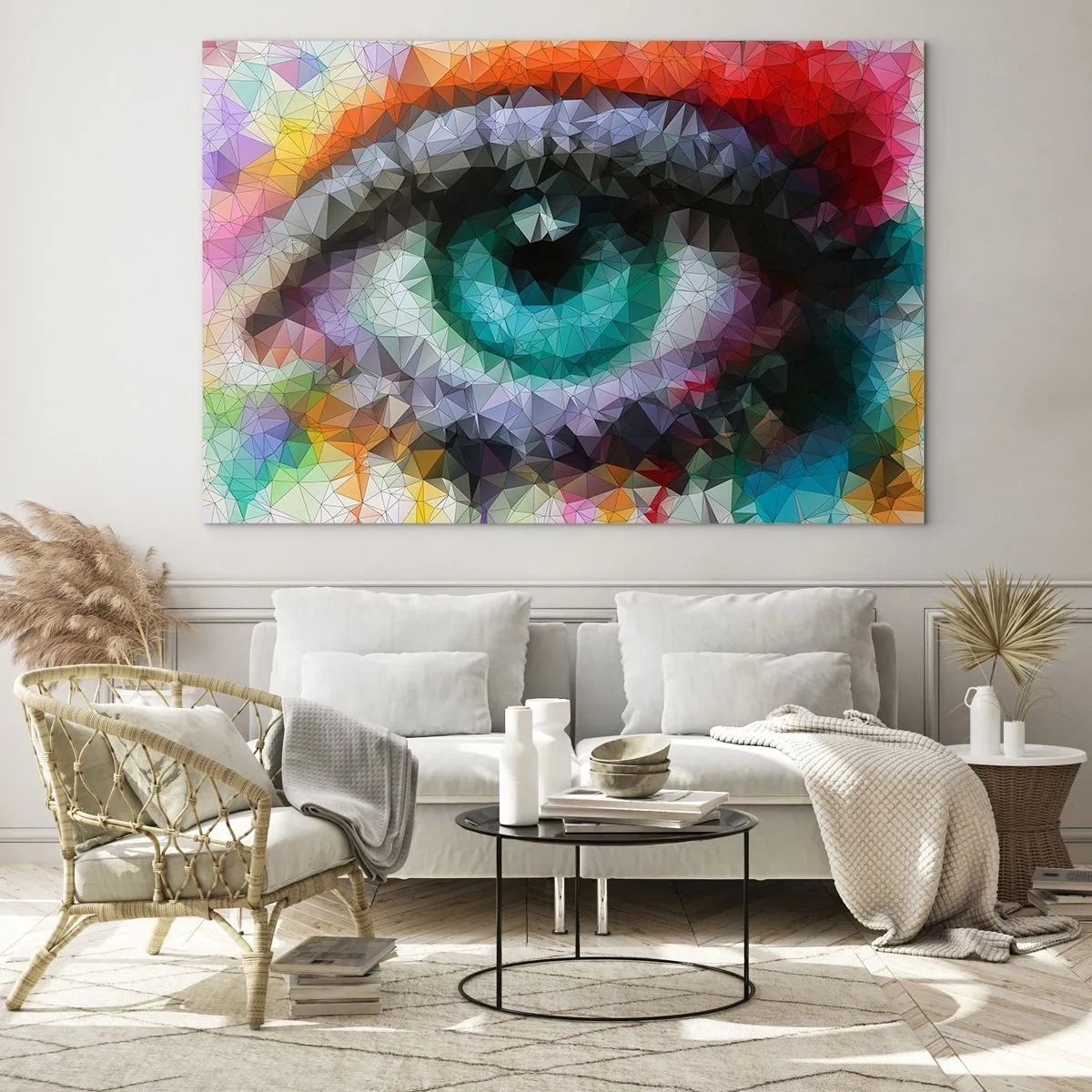 Impression sur verre - Image sur verre - Un œil géométrique aux couleurs vibrantes avec un effet cristal. - 120x80cm - Lueur cristalline des yeux - Décoration murale moderne pour le salon et la chambre ARTTOR