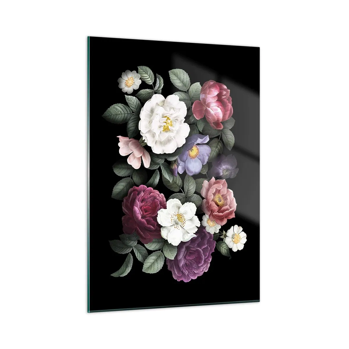 Impression sur verre - Image sur verre - Composition florale avec des pivoines sur fond noir - 50x70cm - D'un jardin anglais - Décoration murale moderne pour le salon et la chambre ARTTOR