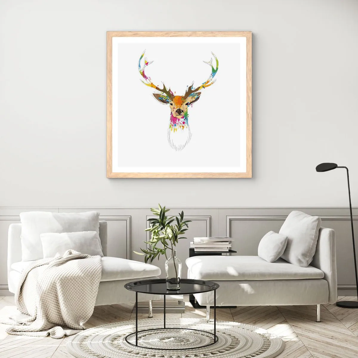 Affiche dans un chêne clair - Poster - Un cerf doux baigné de couleur - 50x50 cm