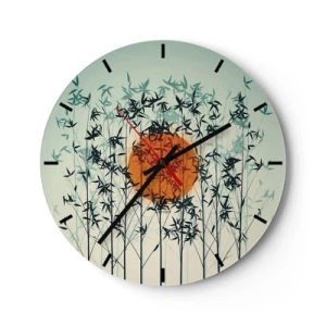 Horloge murale - Pendule murale - Feuilles de bambou contre le soleil orange et le ciel lumineux - 30x30cm - Soleil japonnais - Décoration murale moderne pour le salon, la cuisine et la chambre ARTTOR