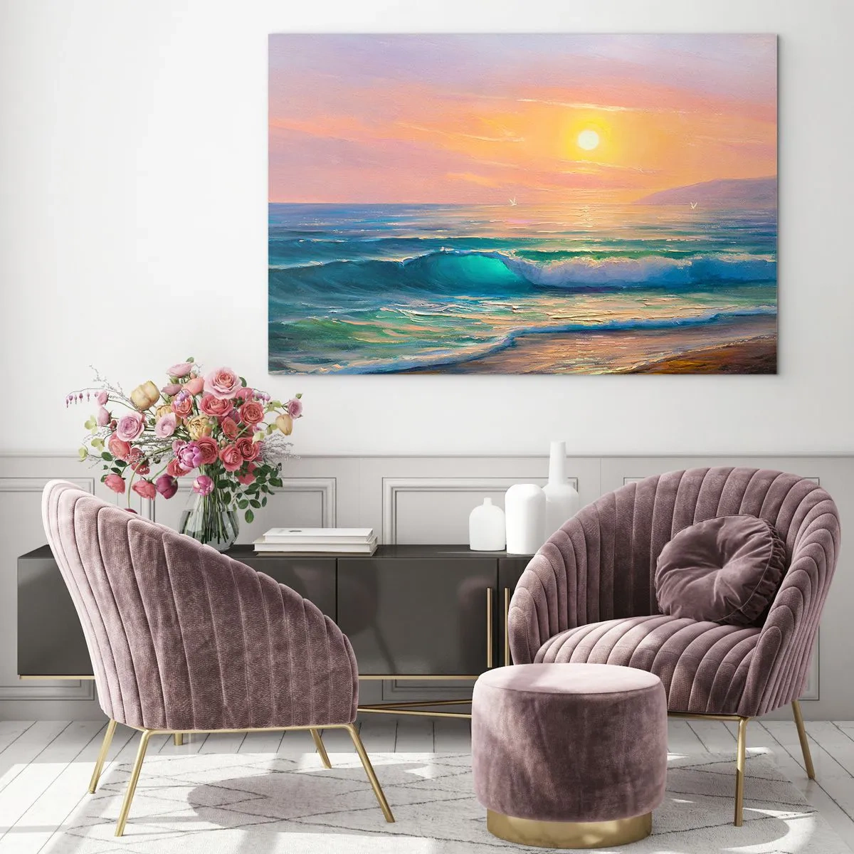 Impression sur verre - Image sur verre - Paysage marin avec des vagues et un coucher de soleil dans des tons turquoise - 120x80cm - Le chant turquoise des vagues - Décoration murale moderne pour le salon et la chambre ARTTOR
