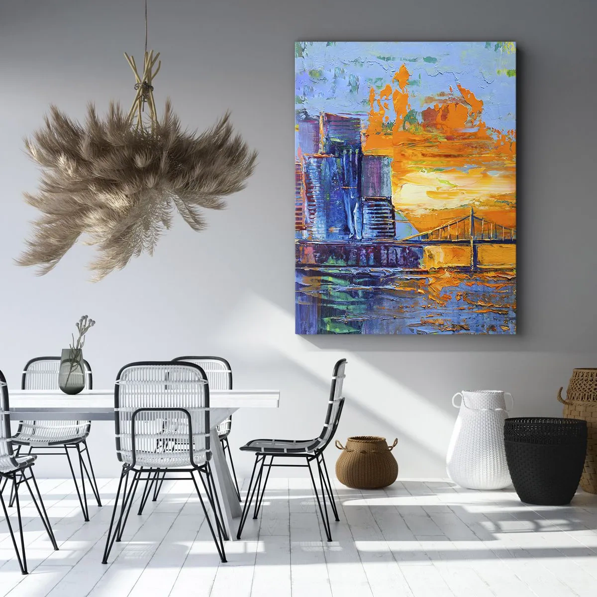 Impression sur toile - Image sur toile - Une ville colorée avec un pont au soleil couchant - 50x70cm - Culture et nature - Décoration murale moderne pour le salon et la chambre ARTTOR