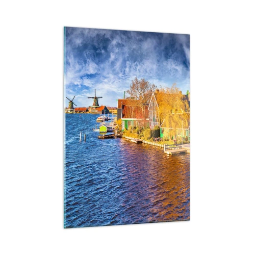 Impression sur verre - Image sur verre - Maisons pittoresques au bord de l'eau aux Pays-Bas avec moulins à vent - 50x70cm - C'est pareil depuis des lustres - Décoration murale moderne pour le salon et la chambre ARTTOR