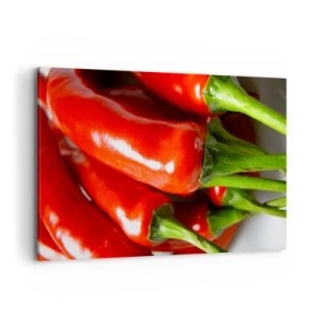 Impression sur toile - Image sur toile - Gros plan de piments rouges avec des tiges vertes - 120x80cm - Juteux, brillant, lisse - Décoration murale moderne pour le salon et la chambre ARTTOR