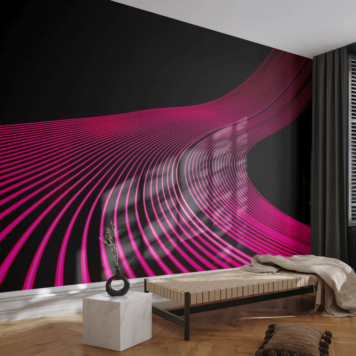 Papier Peint Photo Premium Sand - Lignes roses fluo tourbillonnantes sur fond noir - 100x70cm - Avenue de lumière - Décoration murale moderne pour le salon et la chambre ARTTOR