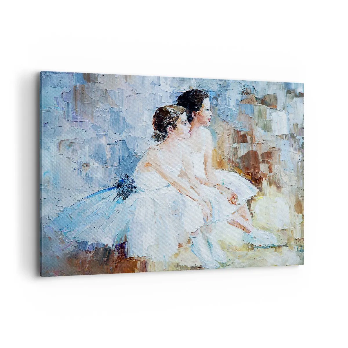 Impression sur toile - Image sur toile - Deux ballerines en tenue blanche se détendent sur un fond pastel. - 100x70cm - Reste de jeunes cygnes - Décoration murale moderne pour le salon et la chambre ARTTOR