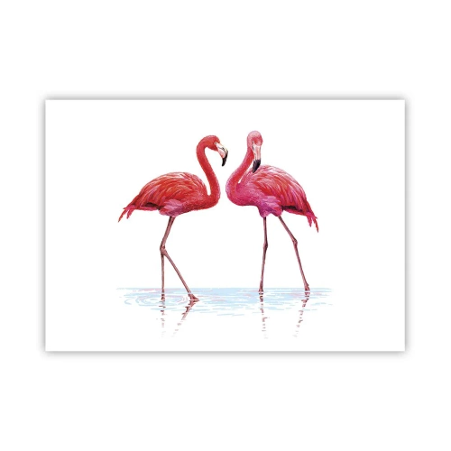 Affiche - Poster - Une paire de flamants roses dans l'eau sur un fond clair - 100x70cm - Rendez-vous rose - Décoration murale moderne pour le salon et la chambre ARTTOR