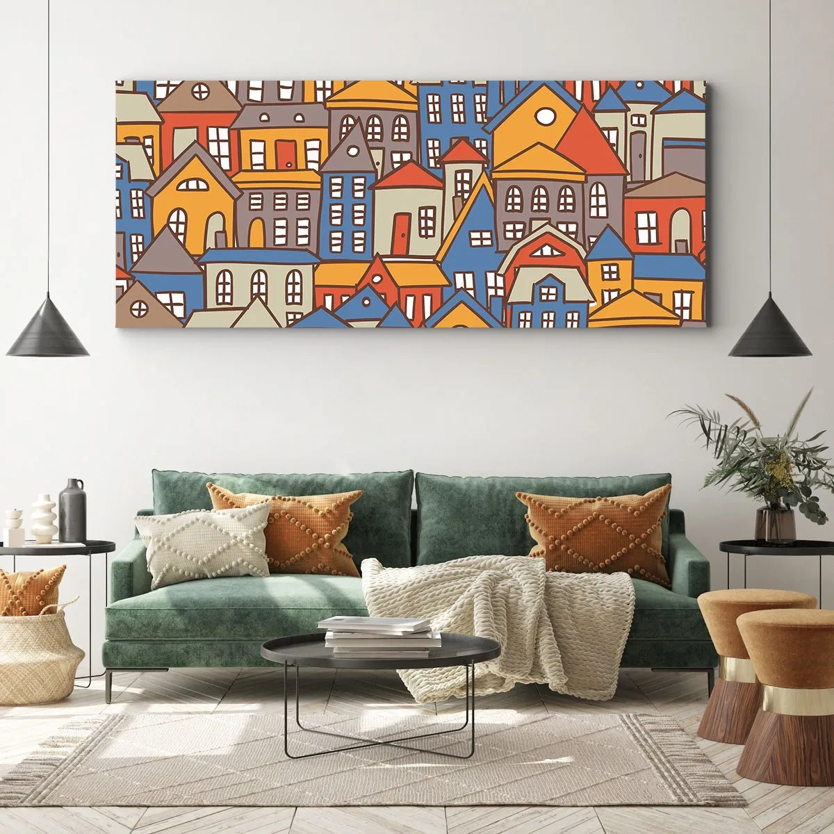 Impression sur toile - Image sur toile - Maisons colorées dans un style graphique sur fond clair - 140x50cm - Derrière la maison, une maison - Décoration murale moderne pour le salon et la chambre ARTTOR