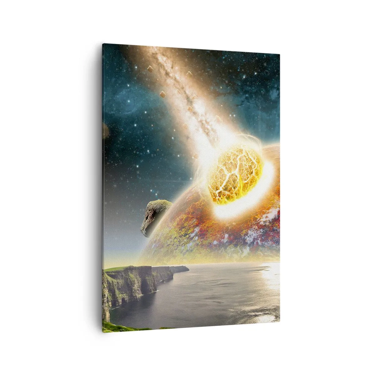 Impression sur toile - Image sur toile - Une météorite entre en collision avec une planète dans un paysage cosmique. - 70x100cm - Drame spatial - Décoration murale moderne pour le salon et la chambre ARTTOR