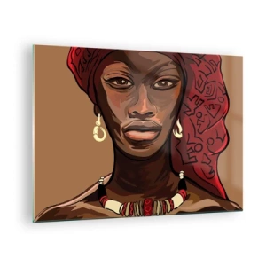 Impression sur verre - Image sur verre - Portrait stylisé d'une femme au turban rouge avec des bijoux. - 70x50cm - Vénus d'ébène - Décoration murale moderne pour le salon et la chambre ARTTOR