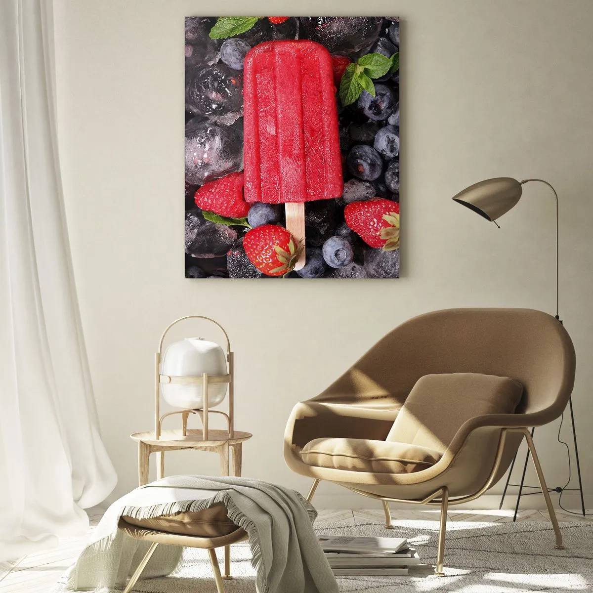 Impression sur verre - Image sur verre - Glace rouge entourée de fruits et de glace - 70x100cm - Le goût d’un été chaud - Décoration murale moderne pour le salon et la chambre ARTTOR