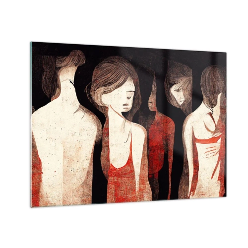 Impression sur verre - Image sur verre - Silhouettes féminines abstraites en rouge sur fond noir - 70x50cm - Madones des ténèbres - Décoration murale moderne pour le salon et la chambre ARTTOR
