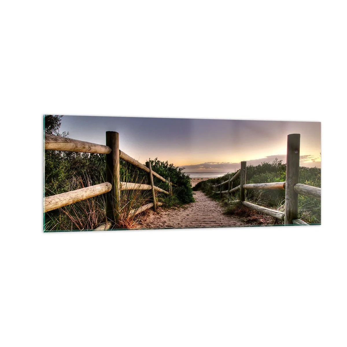 Impression sur verre - Image sur verre - Chemin en bois dans les dunes menant à la plage au coucher du soleil - 140x50cm - On voit déjà le but - Décoration murale moderne pour le salon et la chambre ARTTOR
