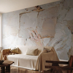 Papier Peint Photo Standard Eco - Une main tenant un livre dans une texture de peinture blanche - 100x70cm - Dans un autre monde - Décoration murale moderne pour le salon et la chambre ARTTOR