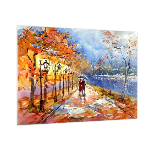 Impression sur verre - Image sur verre - Une promenade d'automne le long de l'avenue avec des feuilles colorées et des lanternes - 100x70cm - Ensemble jusqu'au bout du temps - Décoration murale moderne pour le salon et la chambre ARTTOR