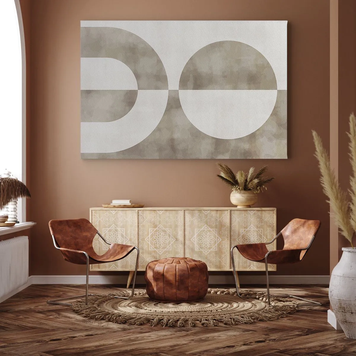 Impression sur toile - Image sur toile - Une peinture abstraite dans les tons beiges avec des formes géométriques et de la symétrie. - 70x50cm - Similitudes et différences - Décoration murale moderne pour le salon et la chambre ARTTOR