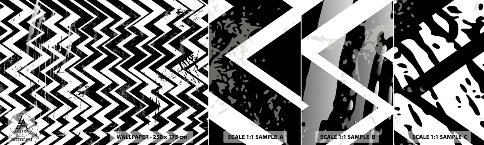 Échantillon de Papier Peint Autocollant Deluxe Sticker - Zig-blanc, zag-noir - Abstraction, Morceau, Noir et blanc - 100x30 cm