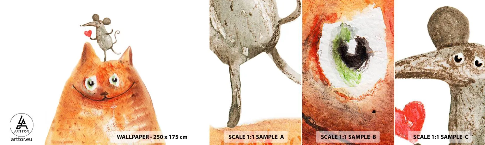 Échantillon de Papier Peint Autocollant Deluxe Sticker - Amour paradoxal - Pour les enfants, Souris, Chat - 100x30 cm