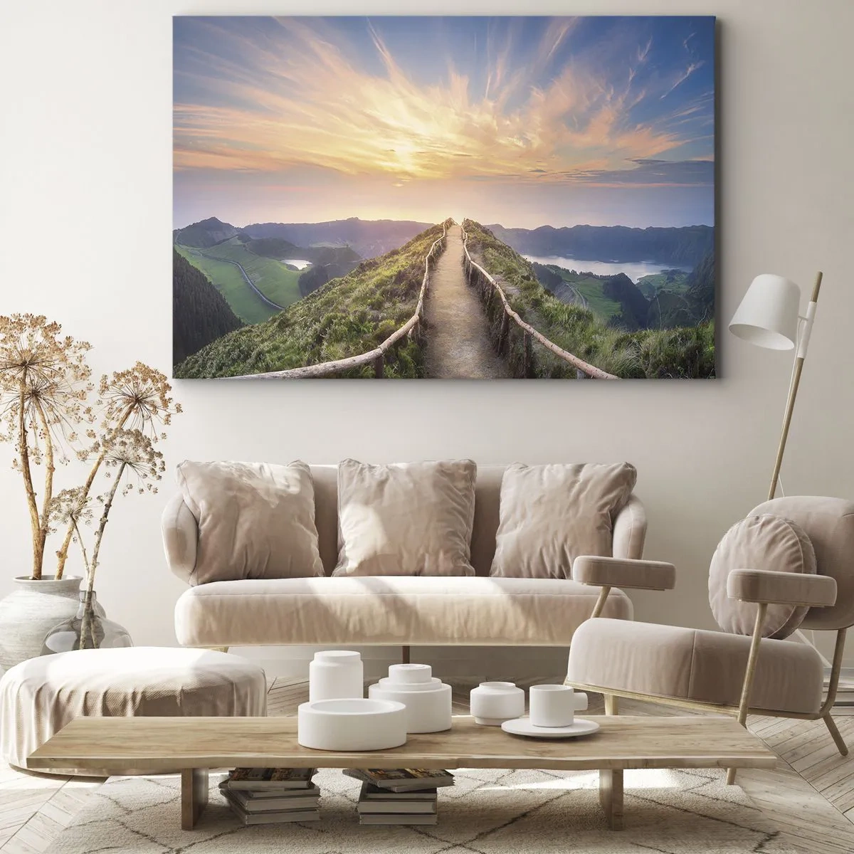 Impression sur toile - Image sur toile - Un sentier pittoresque sur une colline avec vue sur le coucher de soleil - 70x50cm - Proche du ciel - Décoration murale moderne pour le salon et la chambre ARTTOR