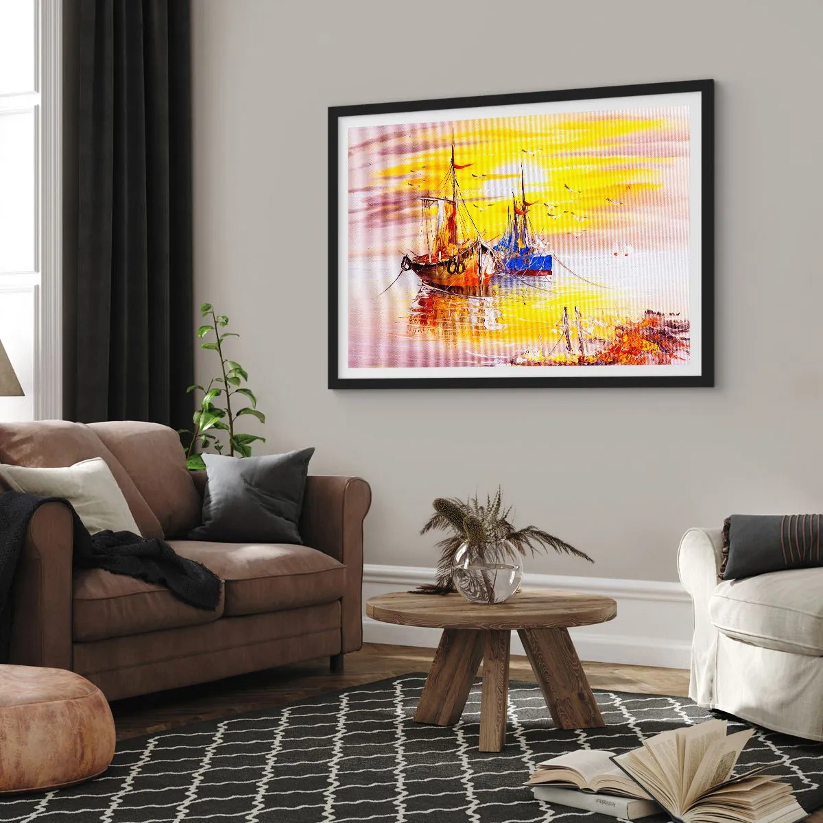 Affiche dans un cadre noir - Poster - Une scène picturale de bateaux sur une mer calme - 100x70cm - Un repos bien mérité au port - Décoration murale moderne pour le salon et la chambre ARTTOR