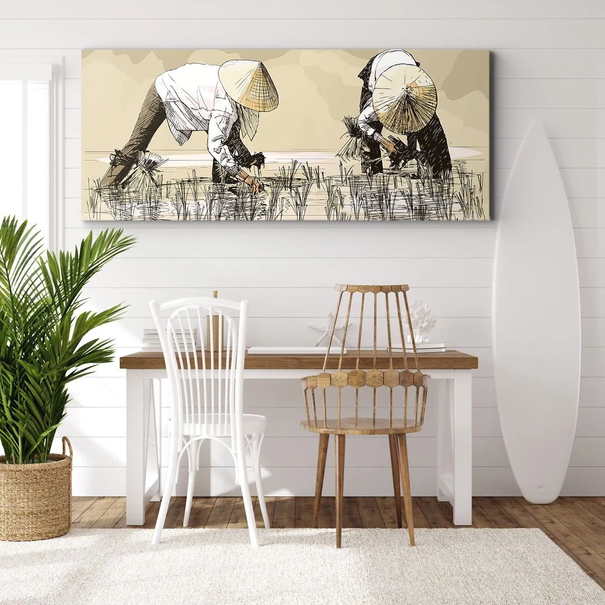 Impression sur toile - Image sur toile - Des agriculteurs travaillant dans une rizière portant des coiffures traditionnelles - 140x50cm - Récolte réussie - Décoration murale moderne pour le salon et la chambre ARTTOR