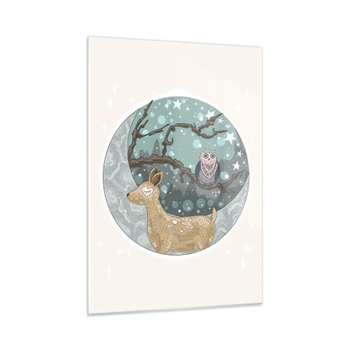 Impression sur verre - Image sur verre - Illustration d'un cerf et d'un hibou dans un décor magique - 50x70cm - Une nuit de conte de fées en forêt  - Décoration murale moderne pour le salon et la chambre ARTTOR