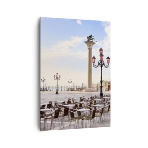Impression sur toile - Image sur toile - Venise, vue de la place avec des colonnes et des tables de café - 70x100cm - Nous vous invitons, tout est prêt - Décoration murale moderne pour le salon et la chambre ARTTOR
