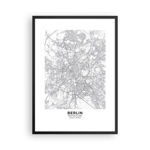 Affiche dans un cadre noir - Poster - Une carte en noir et blanc de Berlin avec des rues précisément cartographiées. - 50x70cm - Fleur de Berlin - Décoration murale moderne pour le salon et la chambre ARTTOR