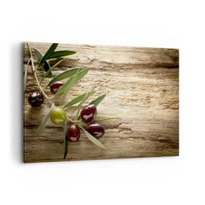 Impression sur toile - Image sur toile - Branche d'olivier avec des fruits sur un fond de bois vieilli - 120x80cm - Directement de la nature - Décoration murale moderne pour le salon et la chambre ARTTOR