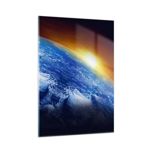 Impression sur verre - Image sur verre - La Terre dans l'espace illuminée par les rayons du soleil - 50x70cm - Lever de soleil sur la planète bleue - Décoration murale moderne pour le salon et la chambre ARTTOR