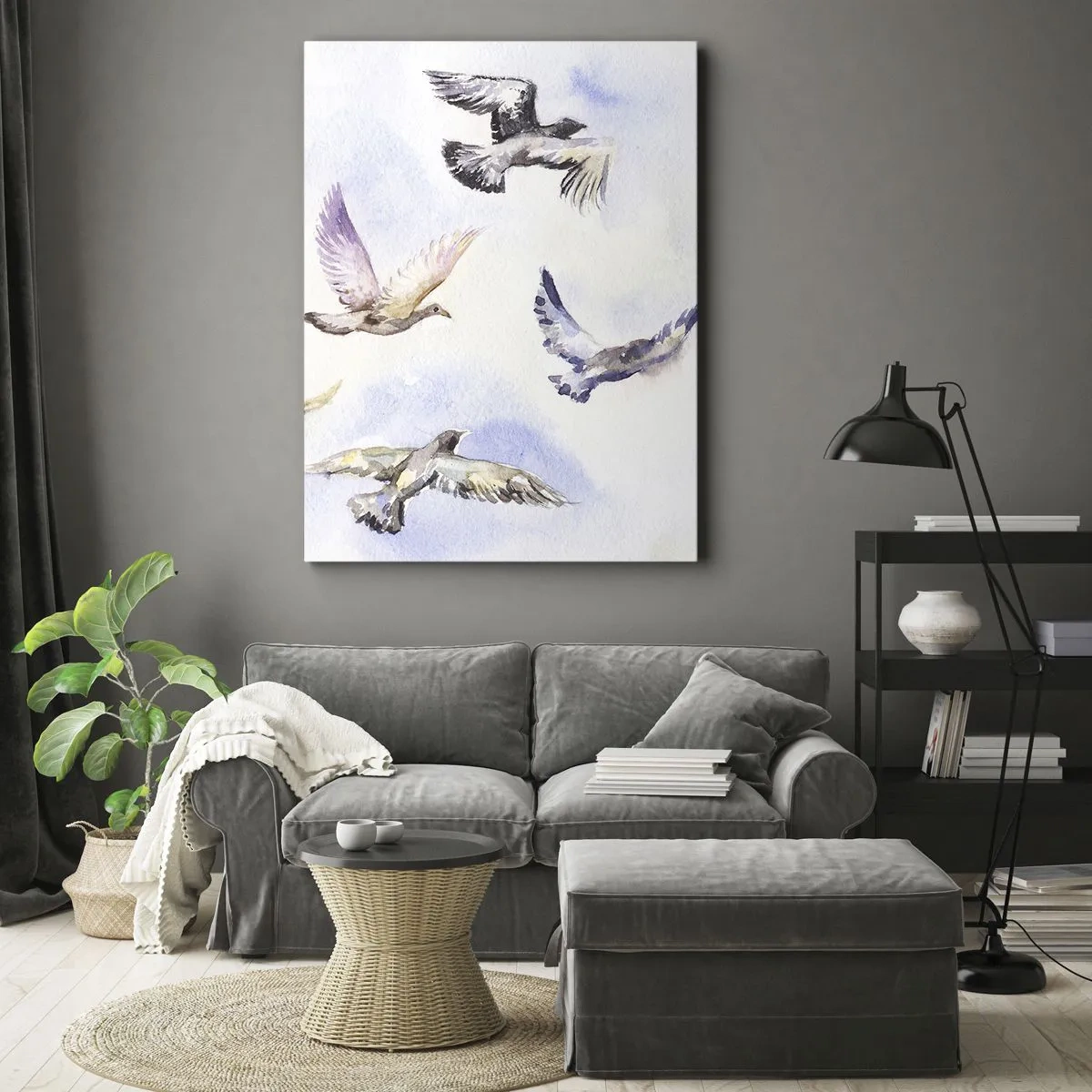 Impression sur toile - Image sur toile - Oiseaux à l'aquarelle en vol sur un ciel délicat - 70x100cm - Liberté en gris et bleu - Décoration murale moderne pour le salon et la chambre ARTTOR