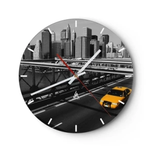 Horloge murale - Pendule murale - Un taxi jaune sur un fond de ville noir et blanc - 30x30cm - Couleur de la grande ville - Décoration murale moderne pour le salon, la cuisine et la chambre ARTTOR