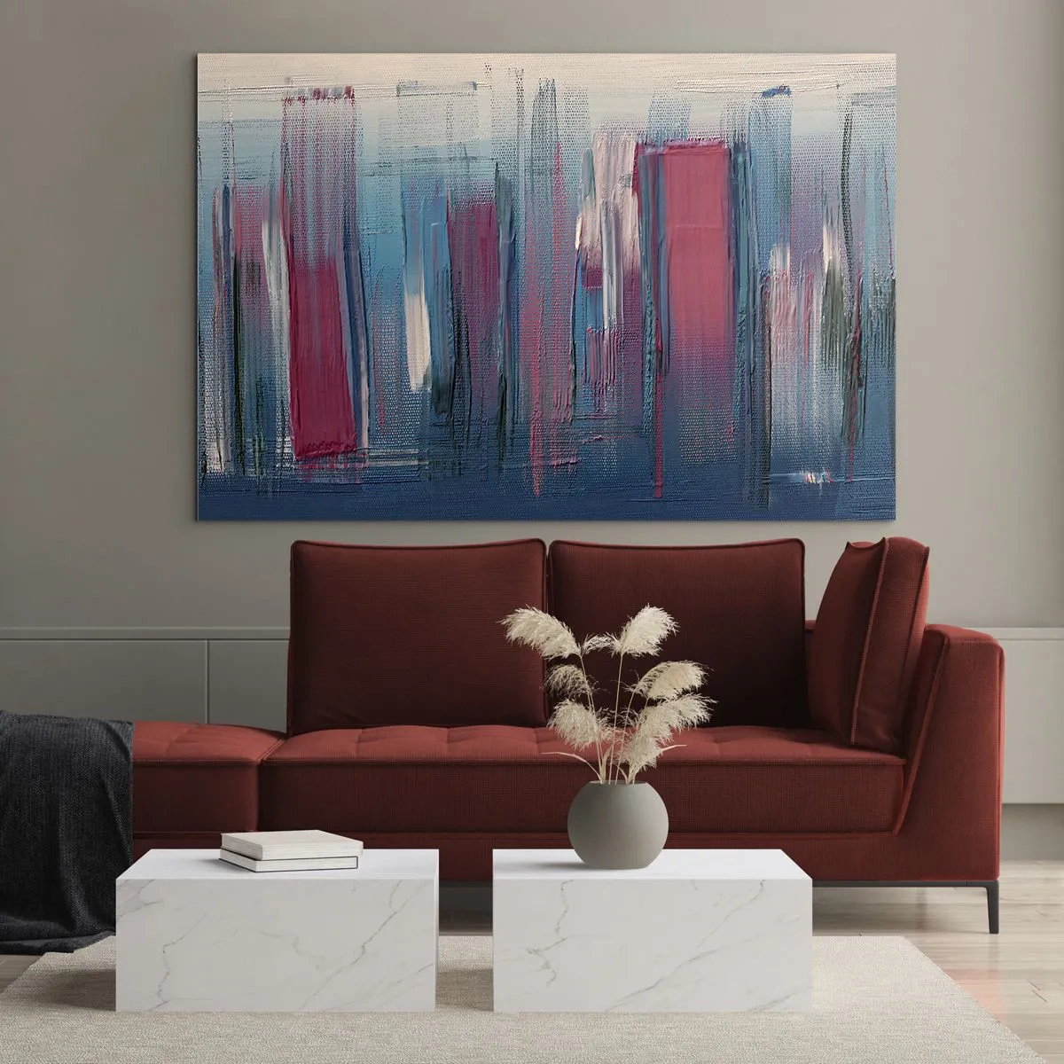 Impression sur verre - Image sur verre - Coups de pinceau verticaux en rouge et bleu sur fond beige - 120x80cm - Composition verticale en bleu et rouge - Décoration murale moderne pour le salon et la chambre ARTTOR