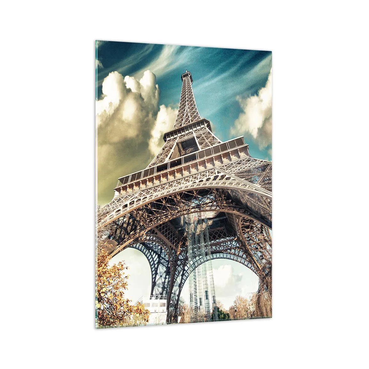 Impression sur verre - Image sur verre - La Tour Eiffel vue d'en bas dans un décor automnal - 70x100cm - Et en automne à Paris... - Décoration murale moderne pour le salon et la chambre ARTTOR