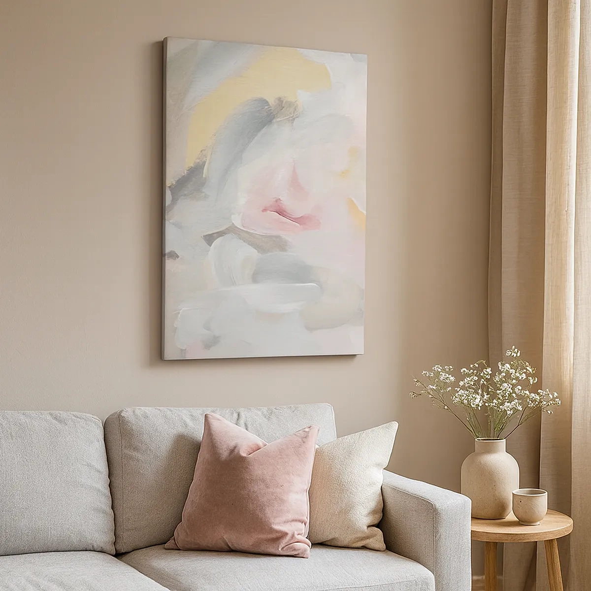 Impression sur toile - Image sur toile - Coups de pastel abstraits dans des tons de rose et de gris. - 50x70cm - Dans un monde pastel - Décoration murale moderne pour le salon et la chambre ARTTOR
