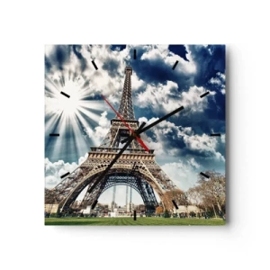 Horloge murale - Pendule murale - La Tour Eiffel sous un ciel ensoleillé avec des nuages - 30x30cm - La seule et unique sous le soleil - Décoration murale moderne pour le salon et la chambre ARTTOR