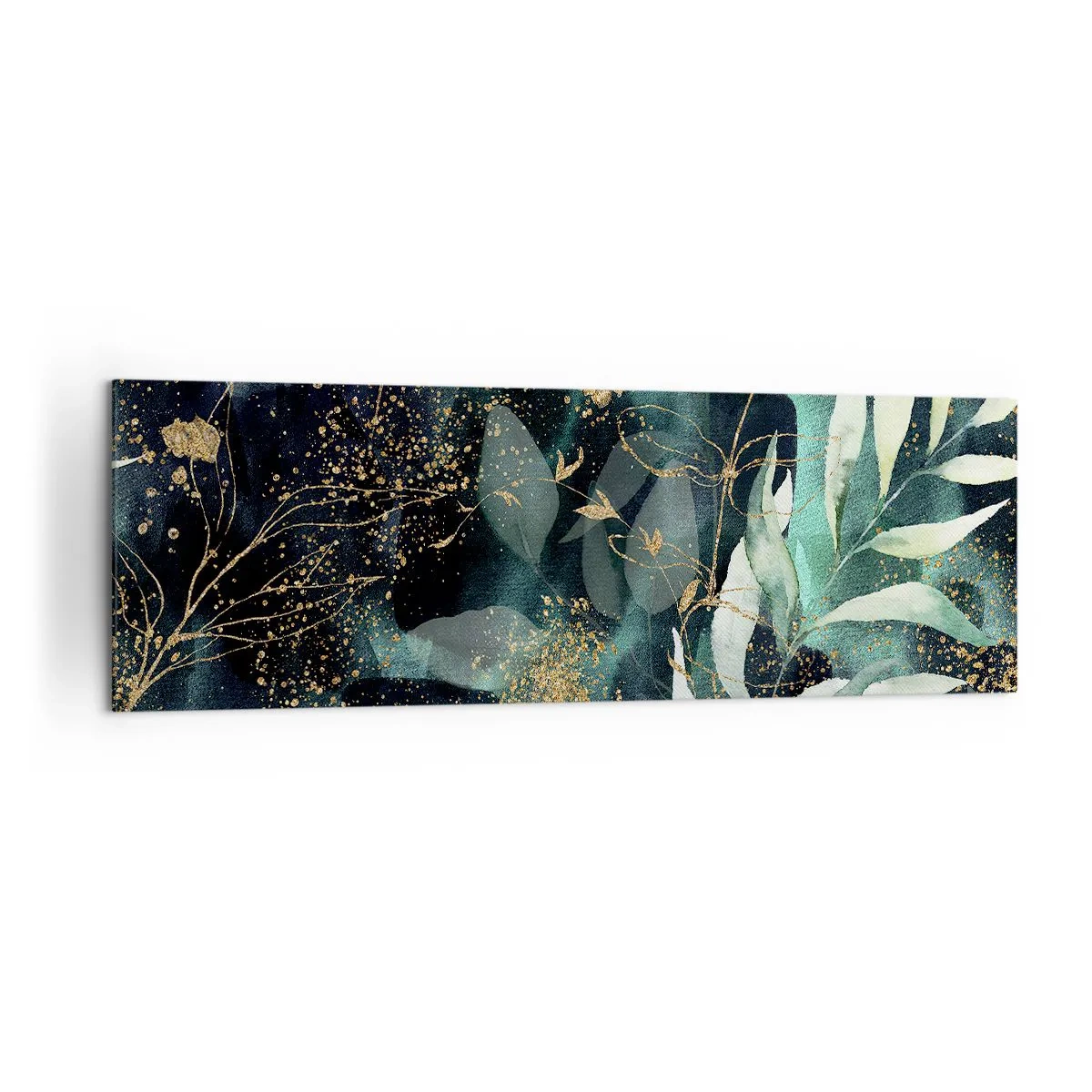 Impression sur toile - Image sur toile - Feuilles élégantes sur un fond sombre avec des accents dorés - 160x50cm - Jardin magique - Décoration murale moderne pour le salon et la chambre ARTTOR