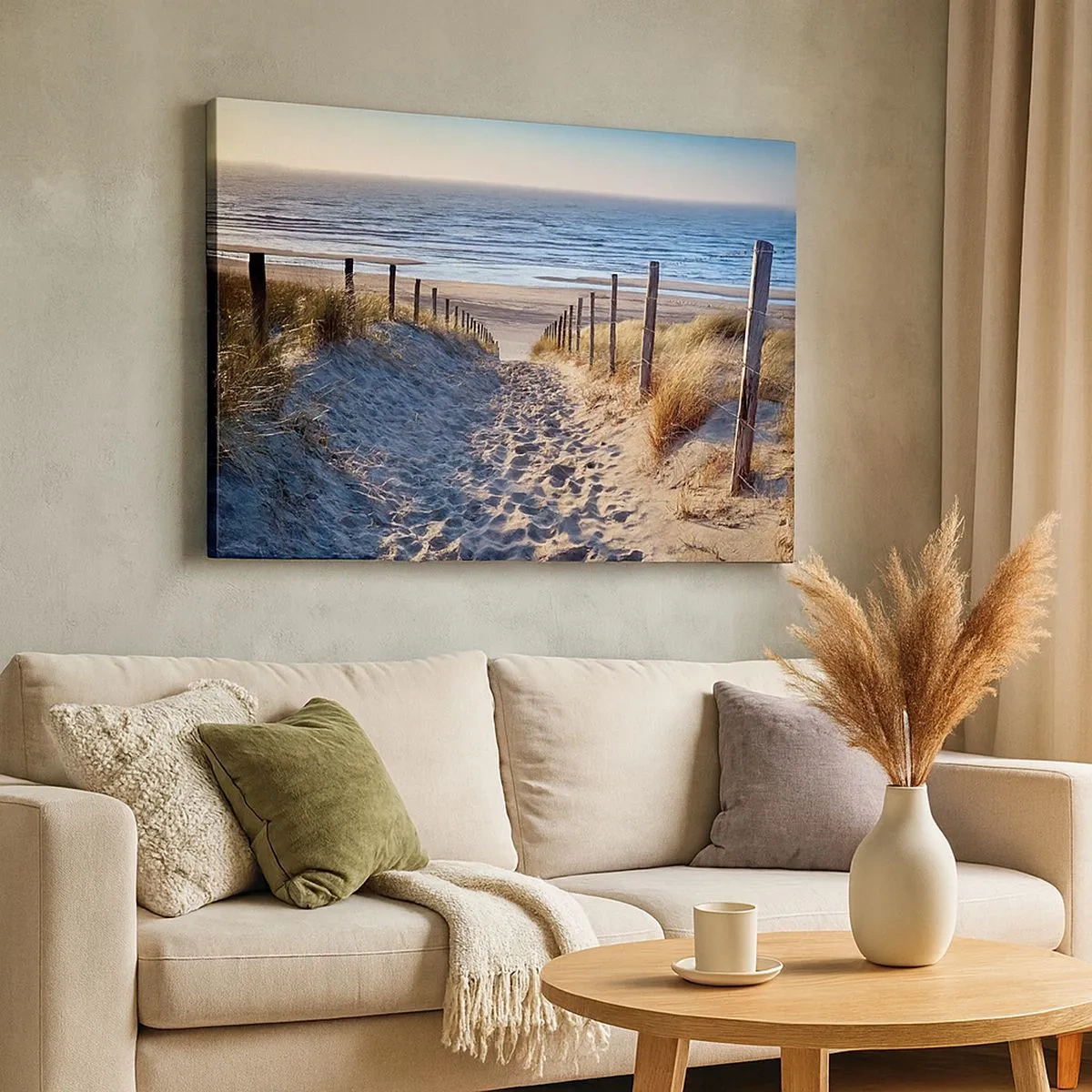 Impression sur toile - Image sur toile - Chemin à travers les dunes menant à la plage - 70x50cm - Le bruit de la mer, le chant des oiseaux, une plage sauvage parmi les herbes… - Décoration murale moderne pour le salon et la chambre ARTTOR