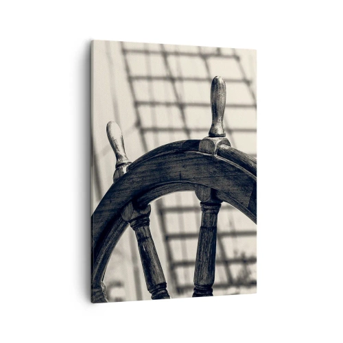 Impression sur toile - Image sur toile - Un gouvernail de style rétro avec un navire en arrière-plan - 50x70cm - Histoires de mer - Décoration murale moderne pour le salon et la chambre ARTTOR