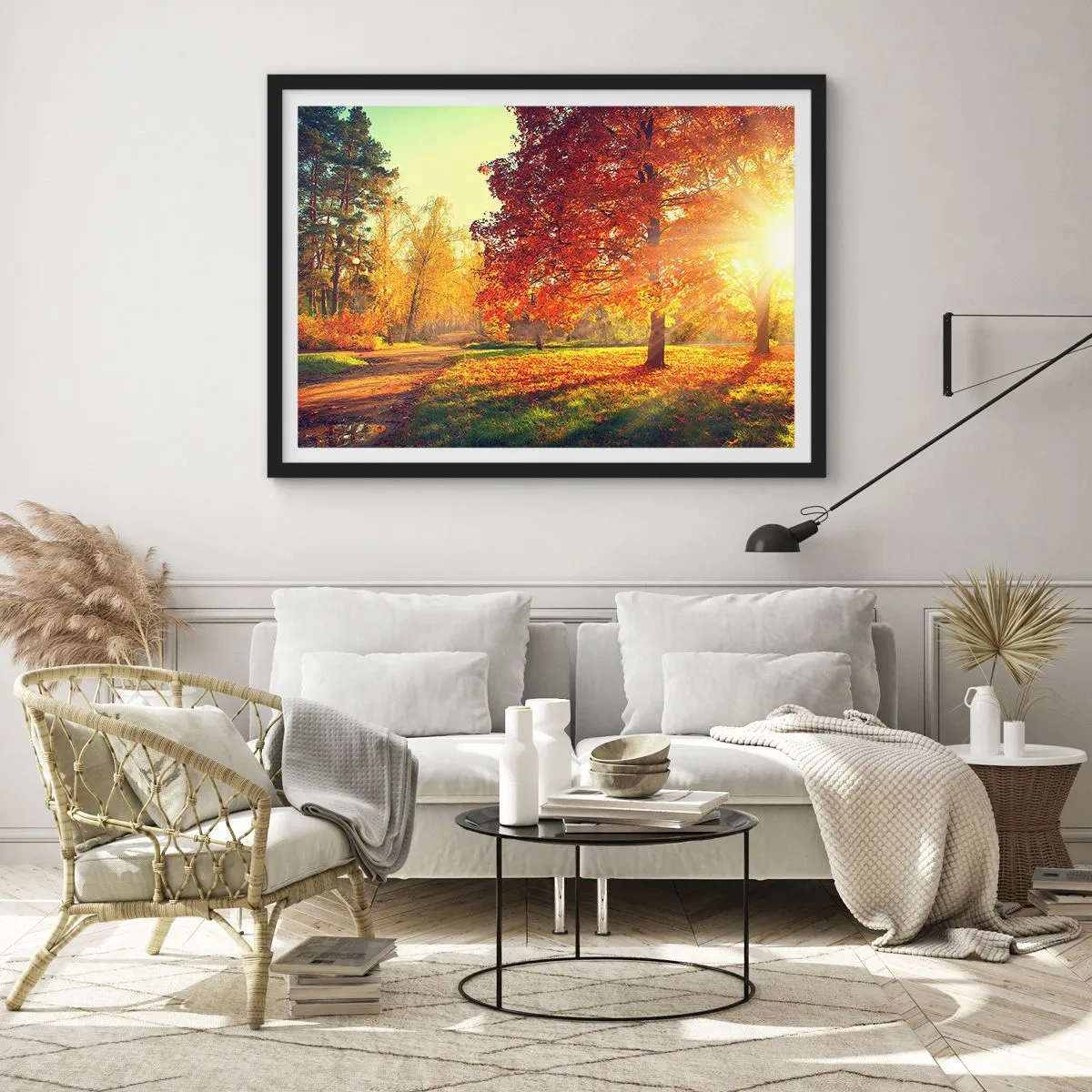 Affiche dans un cadre noir - Poster - Parc d'automne illuminé par la lumière du soleil - 70x50cm - Le roux est beau - Décoration murale moderne pour le salon et la chambre ARTTOR
