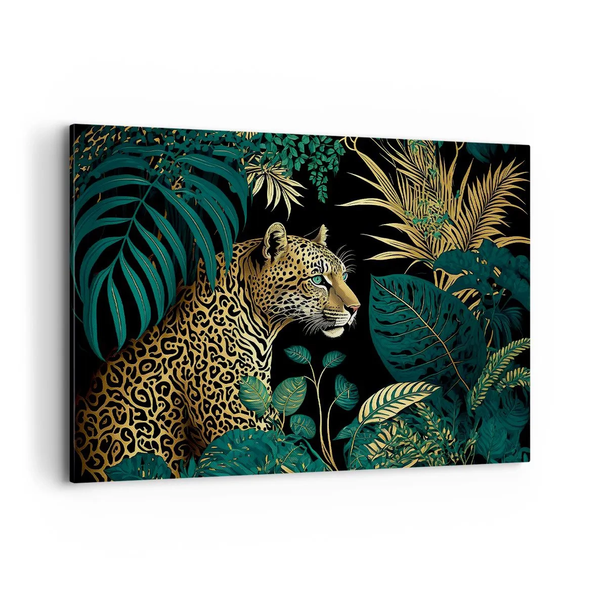 Impression sur toile - Image sur toile - Léopard dans des feuilles tropicales sur fond noir - 120x80cm - Un hôte dans la jungle - Décoration murale moderne pour le salon et la chambre ARTTOR