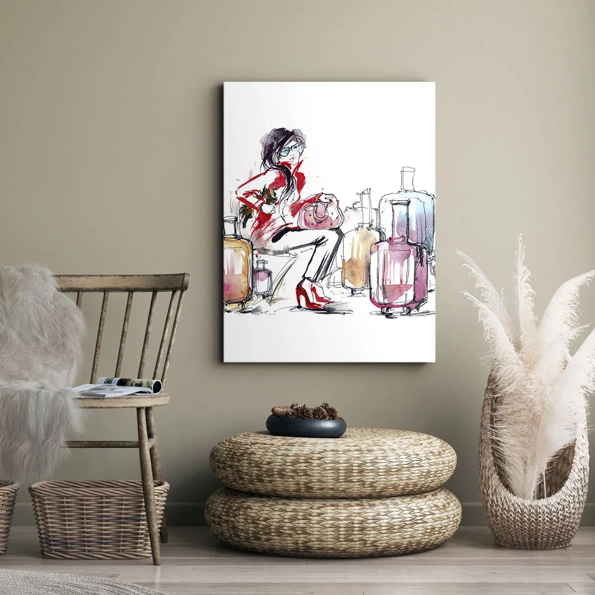 Impression sur toile - Image sur toile - Une femme avec des valises dans une illustration aquarelle dynamique - 50x70cm - Asseyons-nous avant le voyage - Décoration murale moderne pour le salon et la chambre ARTTOR