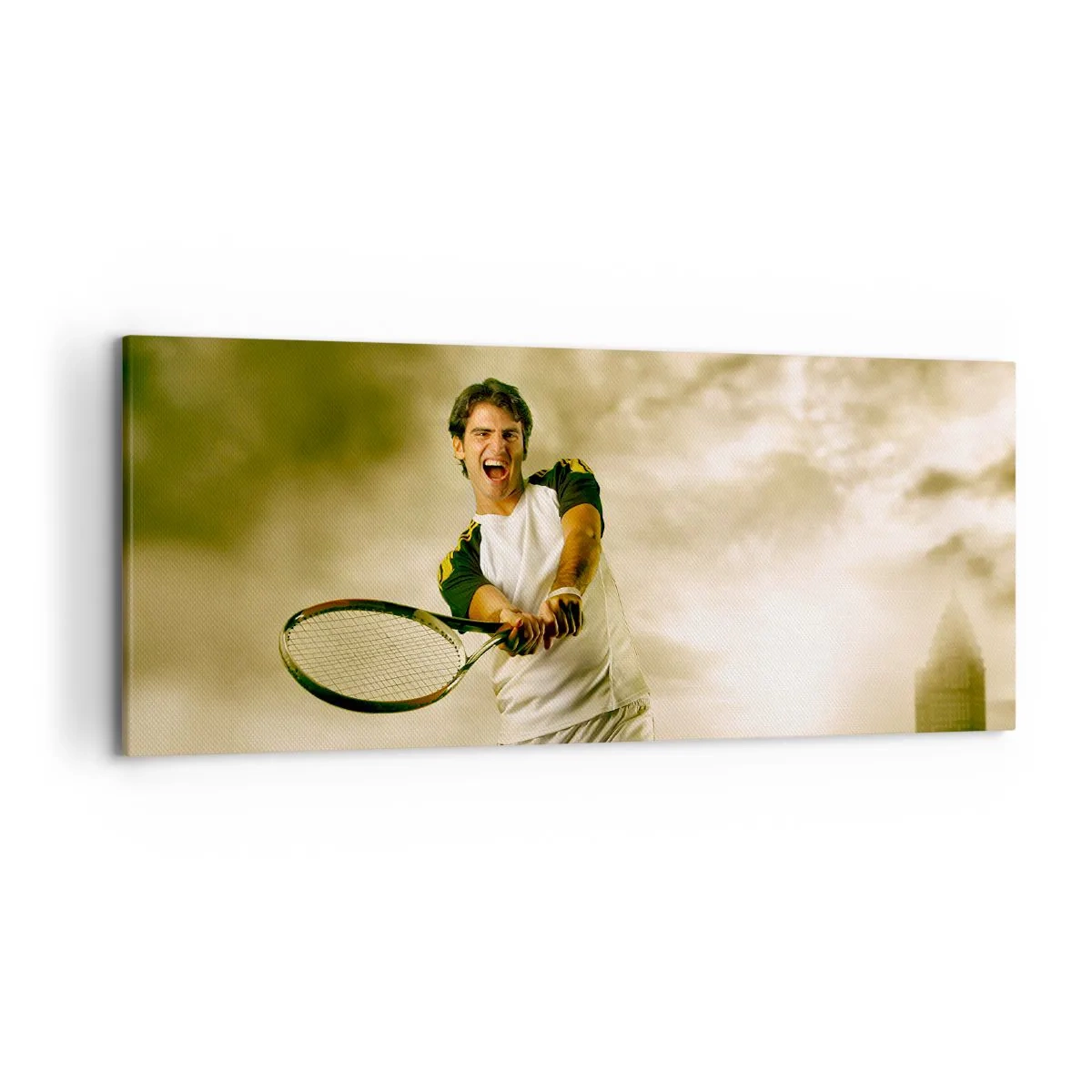 Impression sur toile - Image sur toile - Joueur de tennis en action lors d'un match avec en toile de fond un paysage urbain - 120x50cm - Énergie et joie - Décoration murale moderne pour le salon et la chambre ARTTOR
