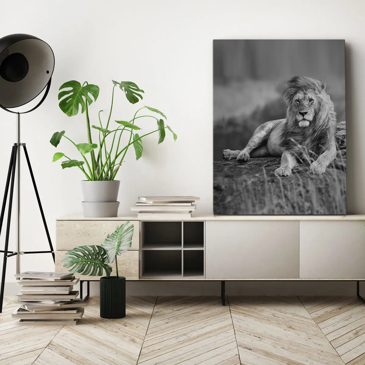 Impression sur toile - Image sur toile - Lion reposant sur un rocher dans un style monochrome - 70x100cm - Sieste royale - Décoration murale moderne pour le salon et la chambre ARTTOR