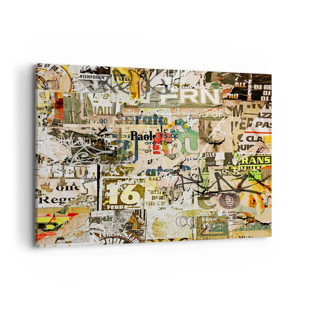 Impression sur toile - Image sur toile - Un collage de fragments de journaux et d'affiches dans un style artistique. - 120x80cm - Oh, il se passe quelque chose... - Décoration murale moderne pour le salon et la chambre ARTTOR