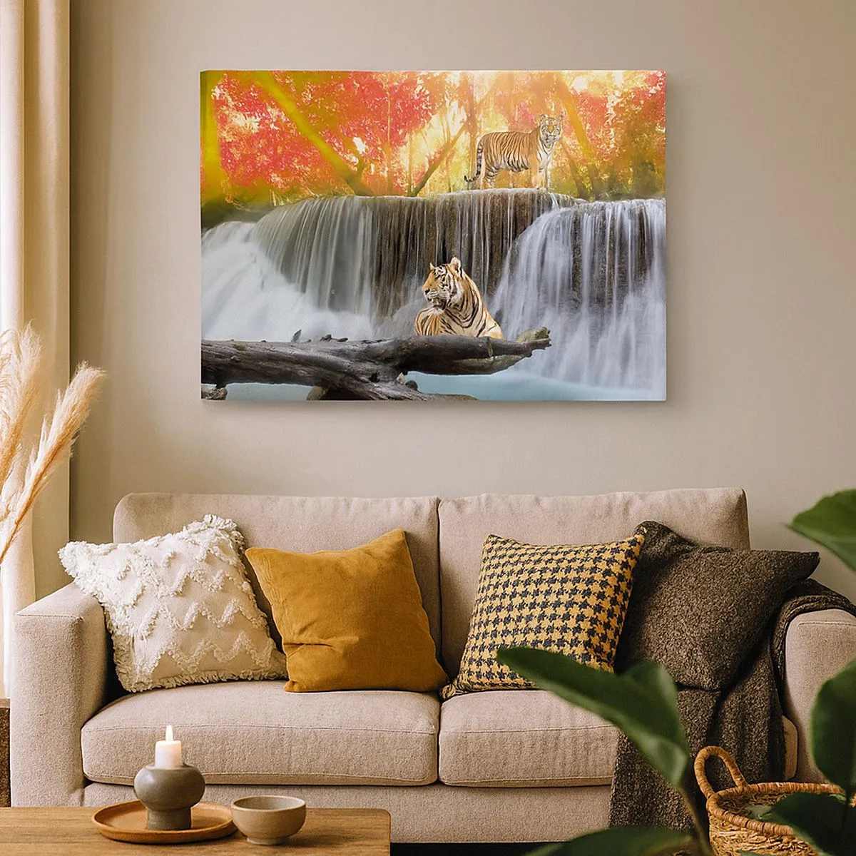 Impression sur toile - Image sur toile - Tigres près d'une cascade dans la forêt d'automne - 70x50cm - Paysage surréaliste - Décoration murale moderne pour le salon et la chambre ARTTOR