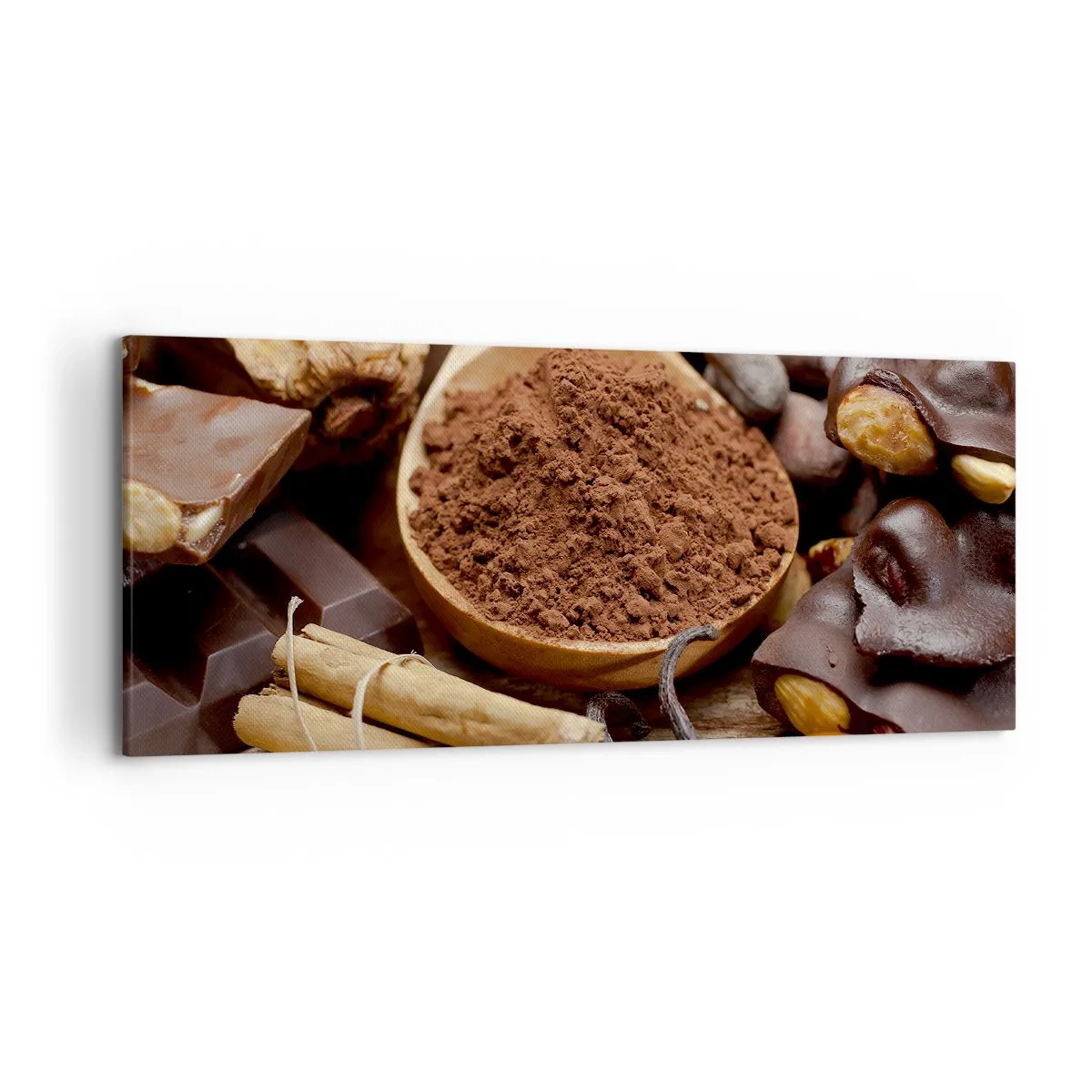 Impression sur toile - Image sur toile - Une cuillerée d'ingrédients à base de cacao et de chocolat dans un arrangement rustique - 120x50cm - La meilleure pour les chagrins - Décoration murale moderne pour le salon et la chambre ARTTOR