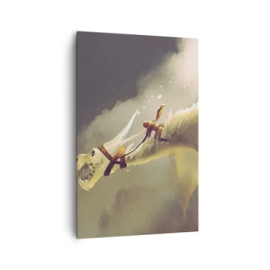 Impression sur toile - Image sur toile - Illustration d'un cavalier de dragon dans un paysage nuageux fantastique - 80x120cm - Le monde à la rescousse - Décoration murale moderne pour le salon et la chambre ARTTOR