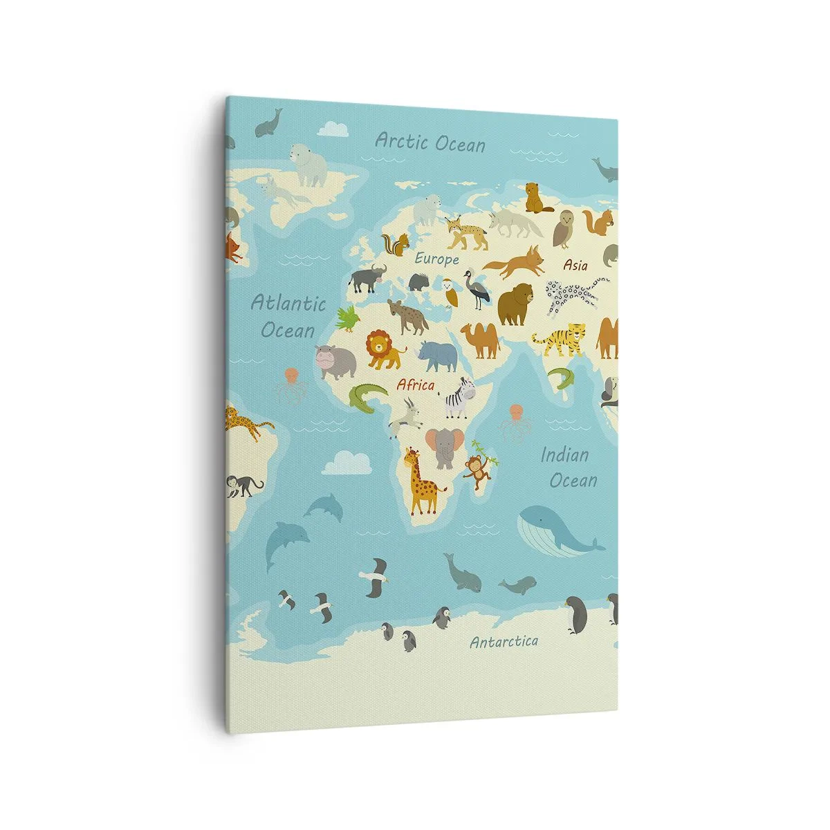 Impression sur toile - Image sur toile - Carte du monde avec des illustrations d'animaux - 70x100cm - De bons voisins - Décoration murale moderne pour le salon et la chambre ARTTOR