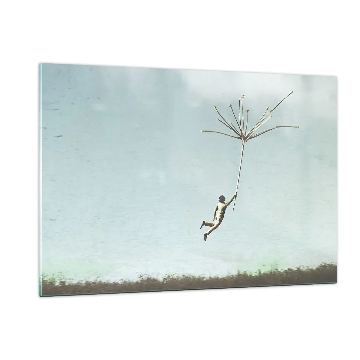 Impression sur verre - Image sur verre - Un garçon volant avec une graine de pissenlit au-dessus d'une prairie - 120x80cm - Cerfs-volants, pissenlits, vent - Décoration murale moderne pour le salon et la chambre ARTTOR